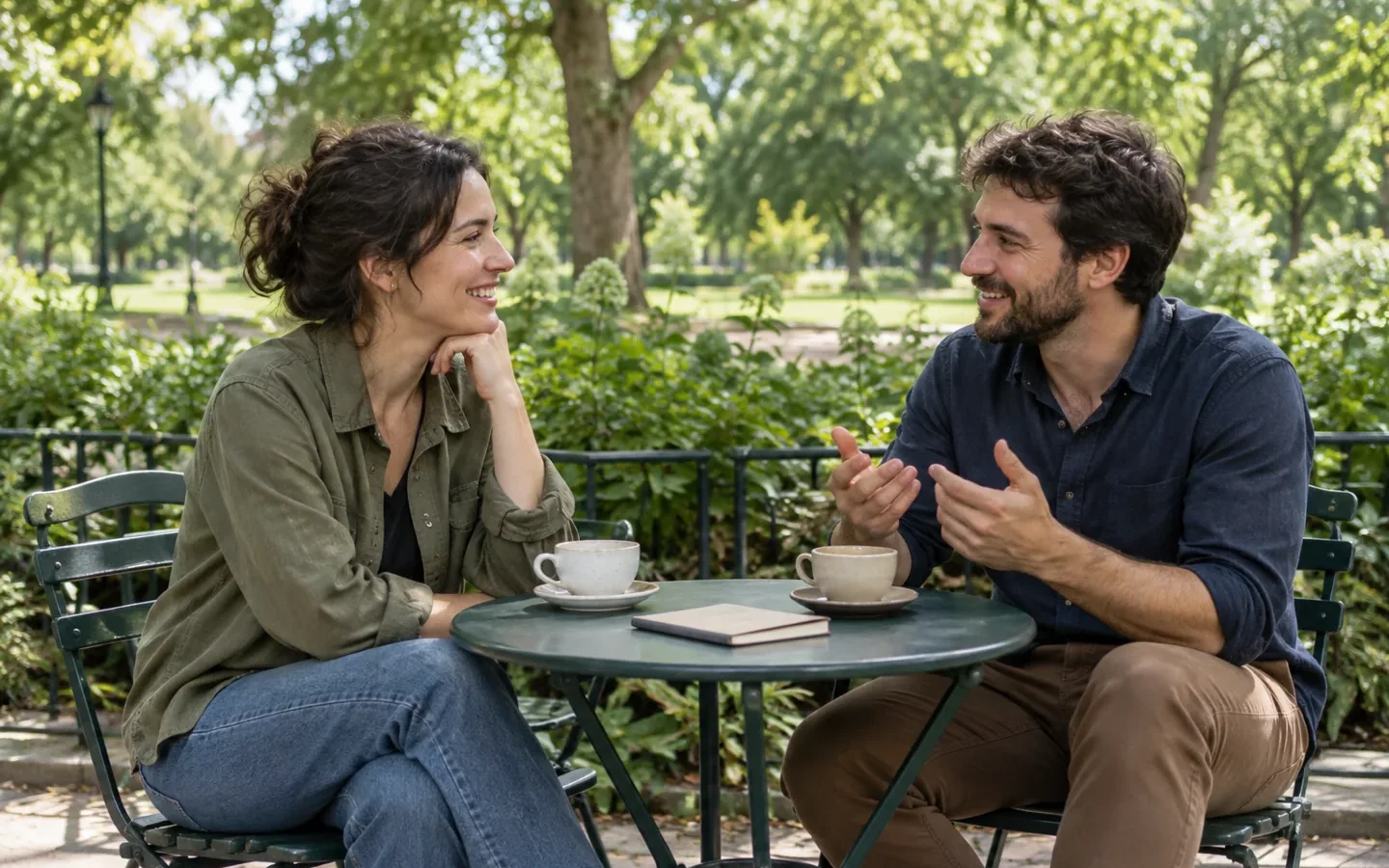 Dos adultos conversan en una terraza junto a un parque; ilustración editorial generada con IA.
