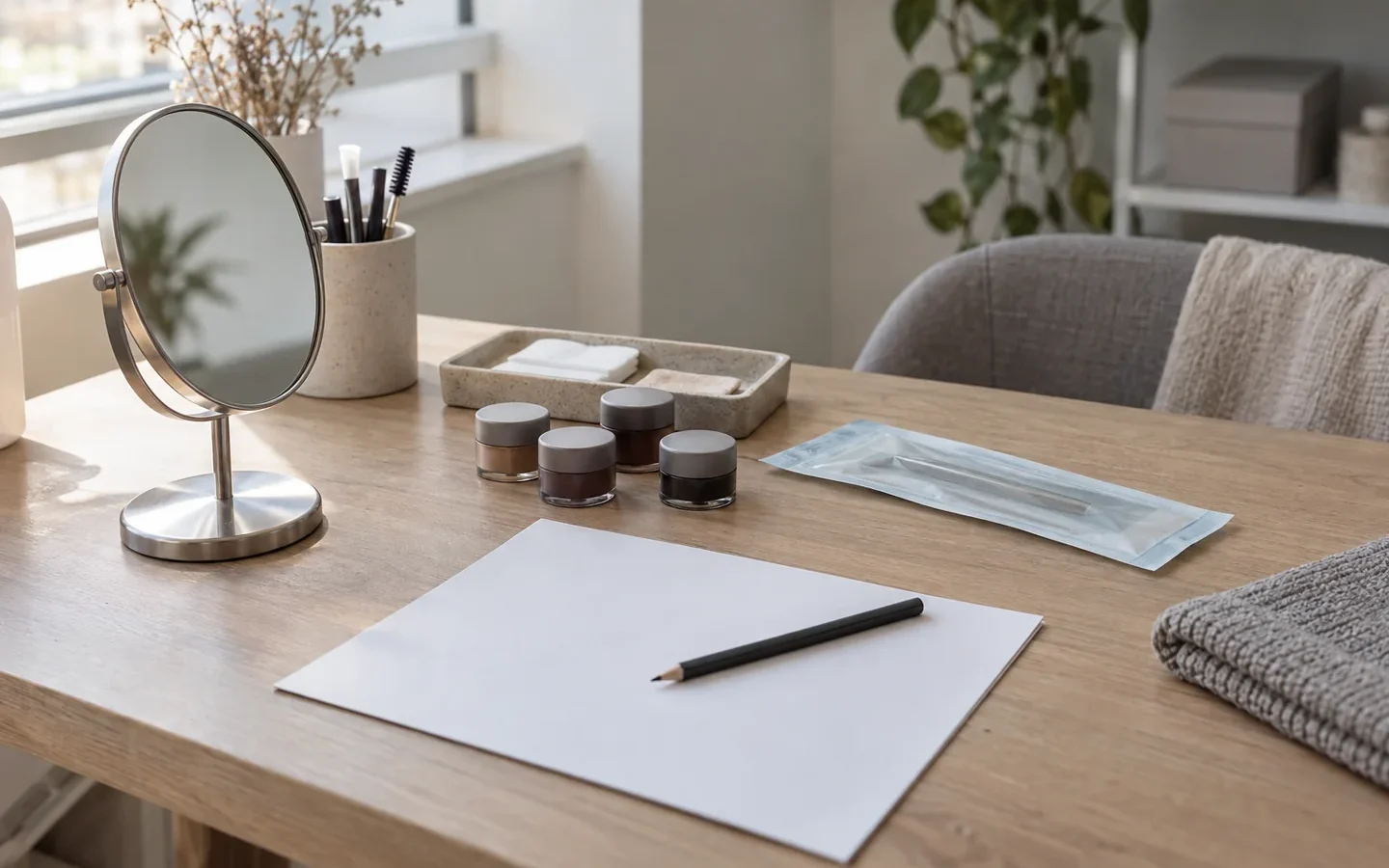 Mesa con espejo, papel y material cerrado: ilustración editorial generada con IA