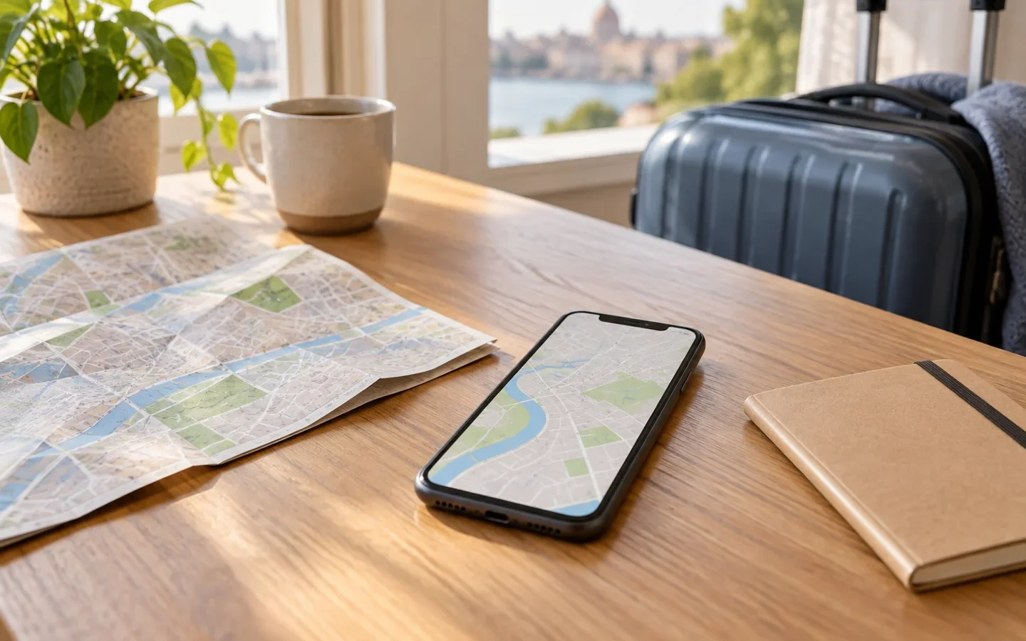 Móvil con un mapa sobre una mesa junto a un cuaderno y una maleta