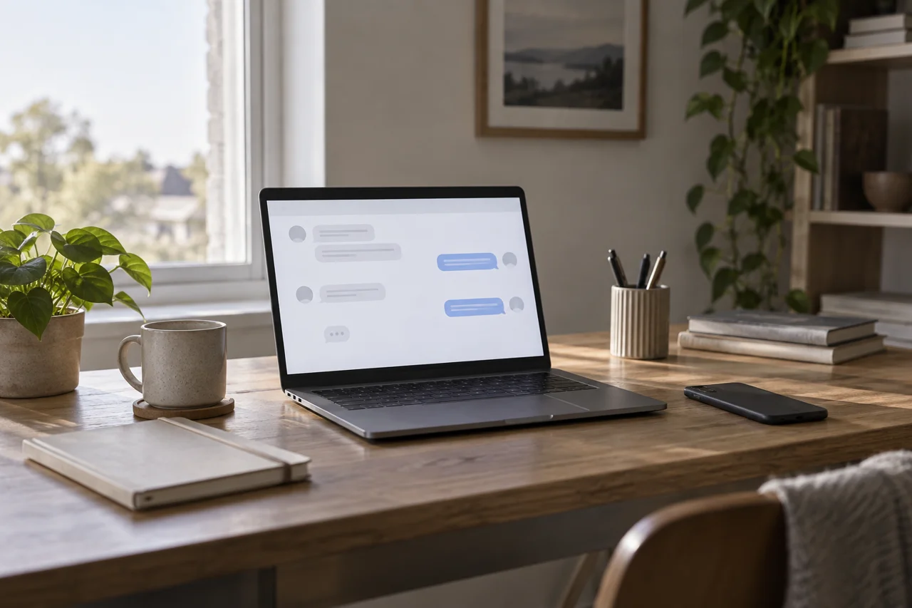 Laptop with abstract chat and face-down phone – AI illustration