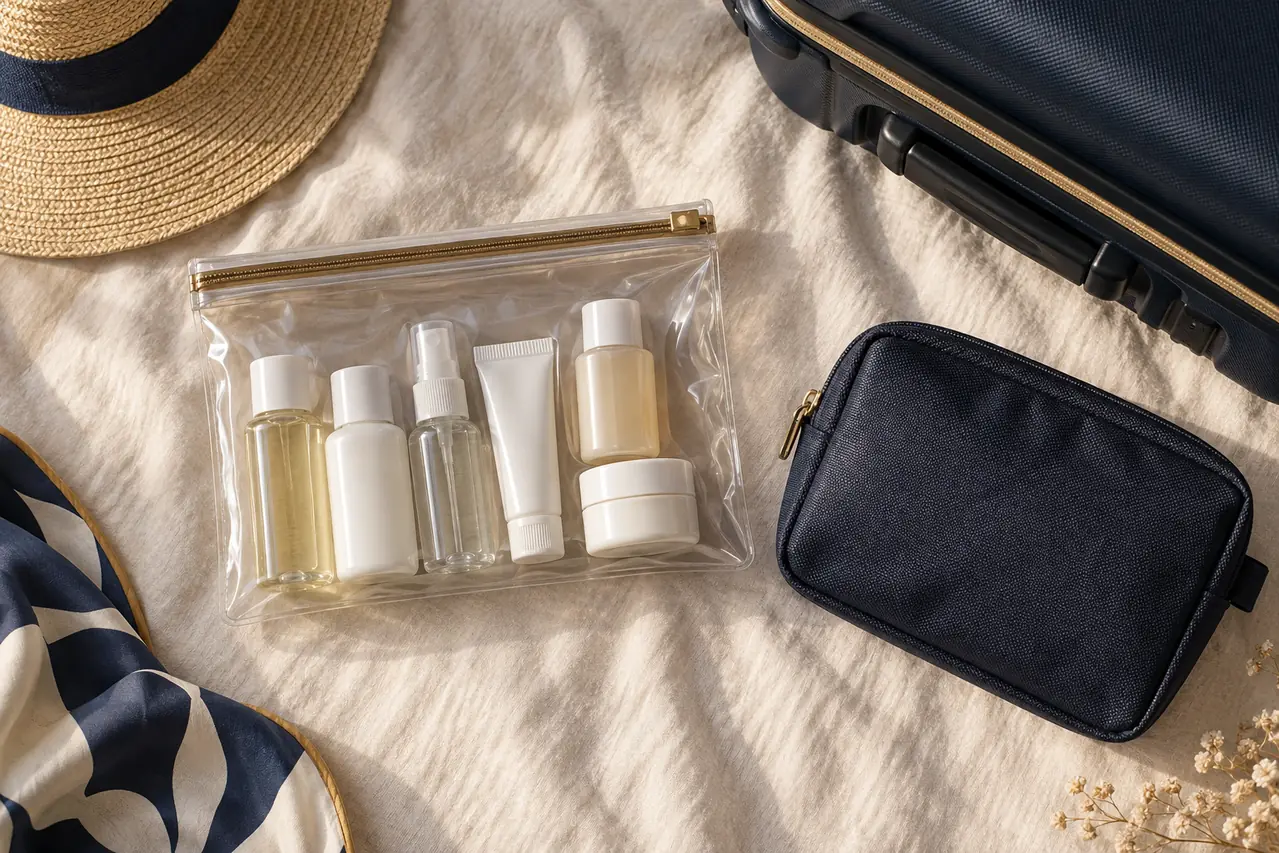Closed transparent bag of small travel bottles beside a washbag