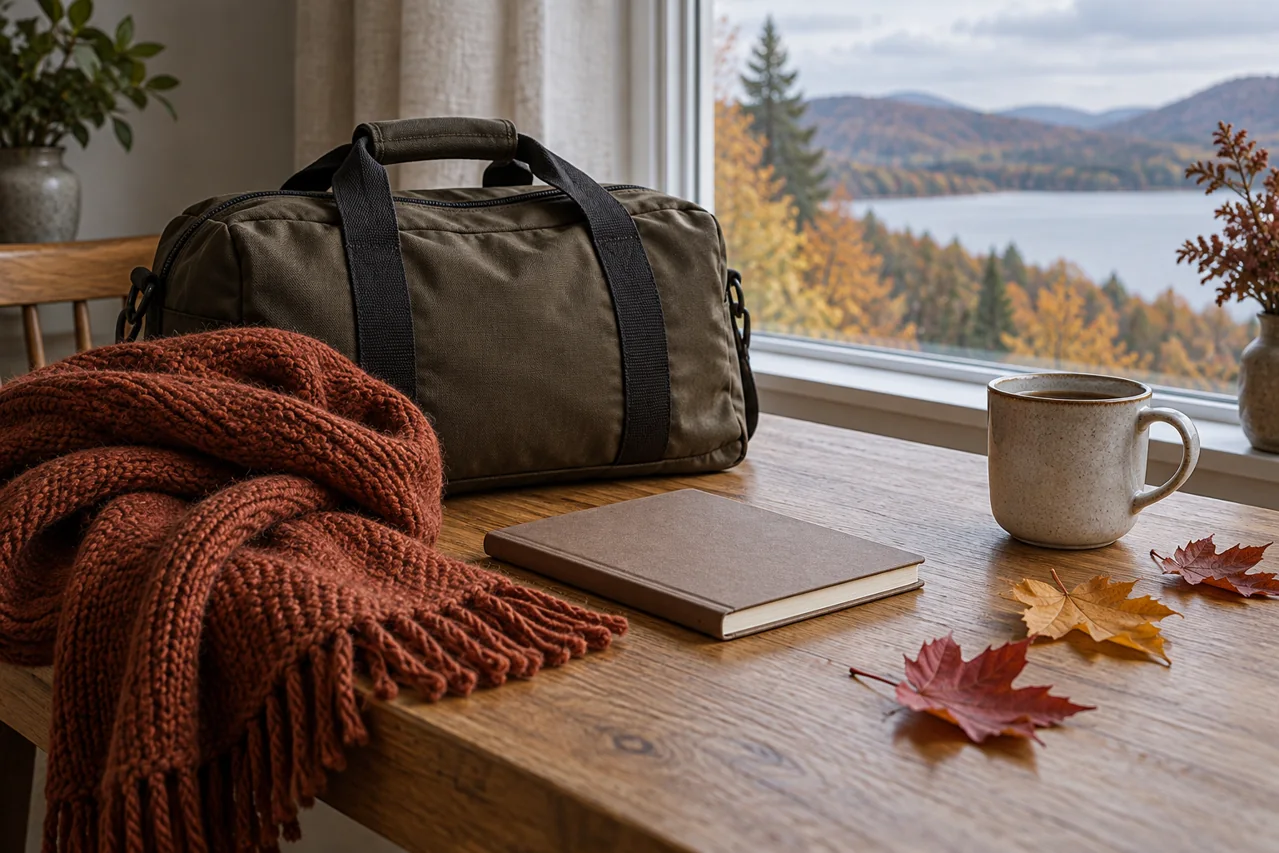 Bolsa de viaje, bufanda, cuaderno y hojas otoñales sobre una mesa