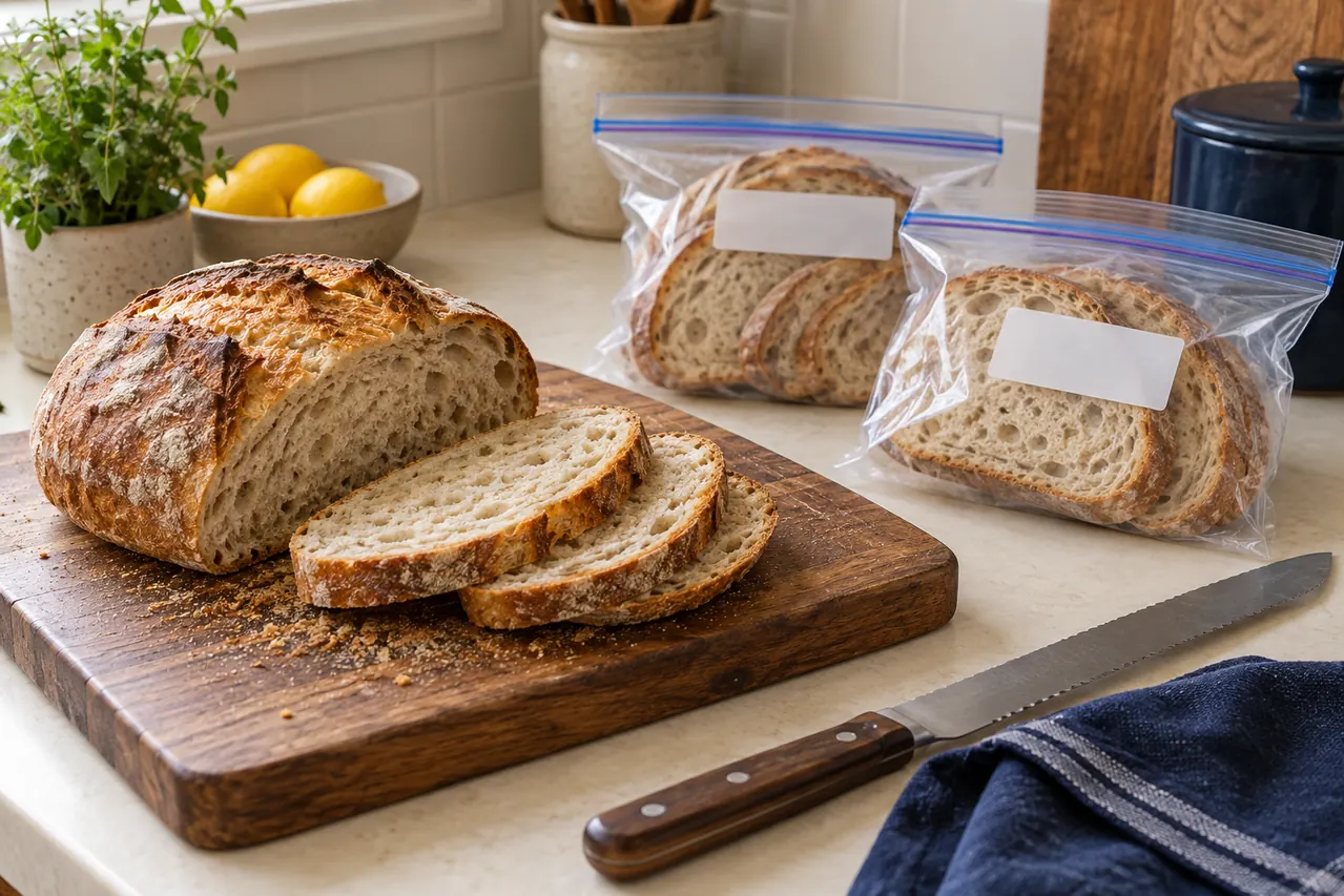 Sliced bread and small bagged portions beside a kitchen board