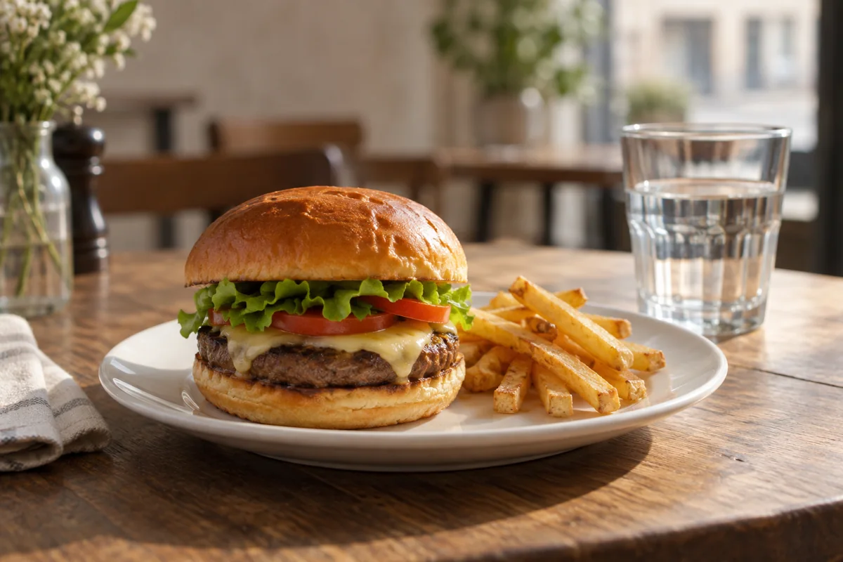 Burger and fries on a plate - AI editorial illustration