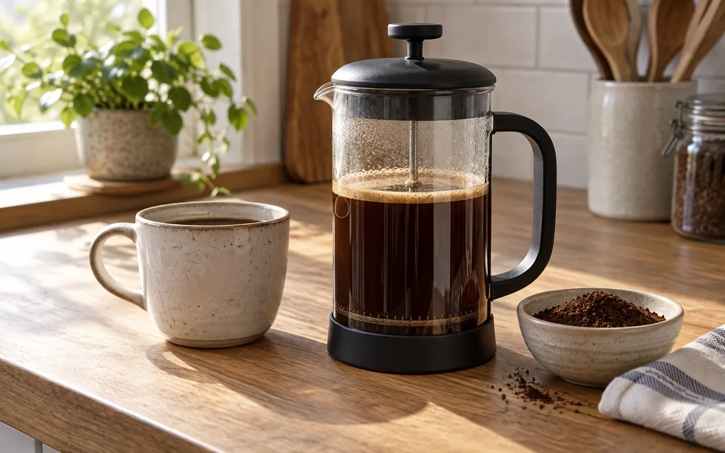 Cafetera de émbolo, taza y café molido sobre una encimera