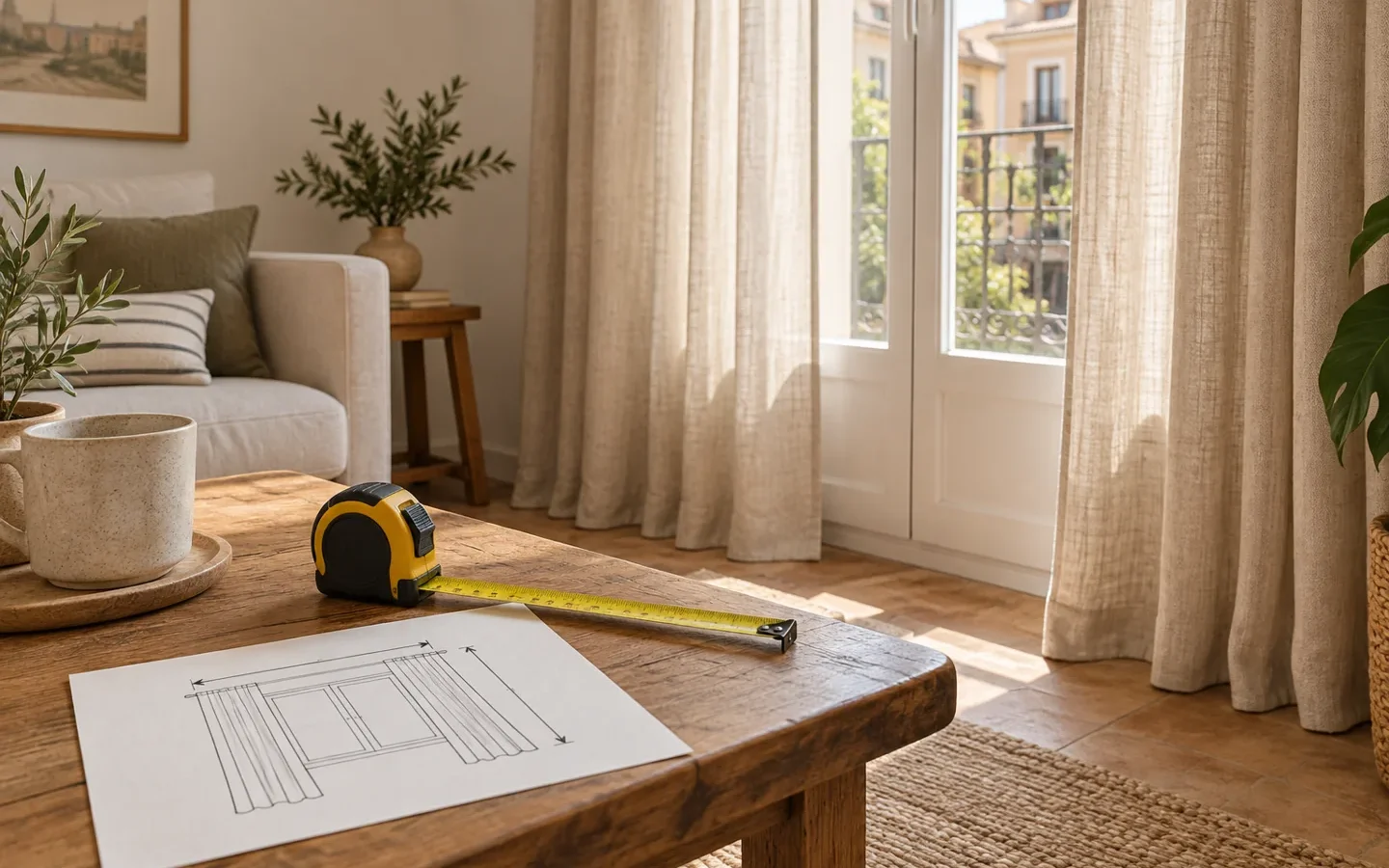 Cortinas de lino junto a una ventana y una cinta métrica sobre la mesa