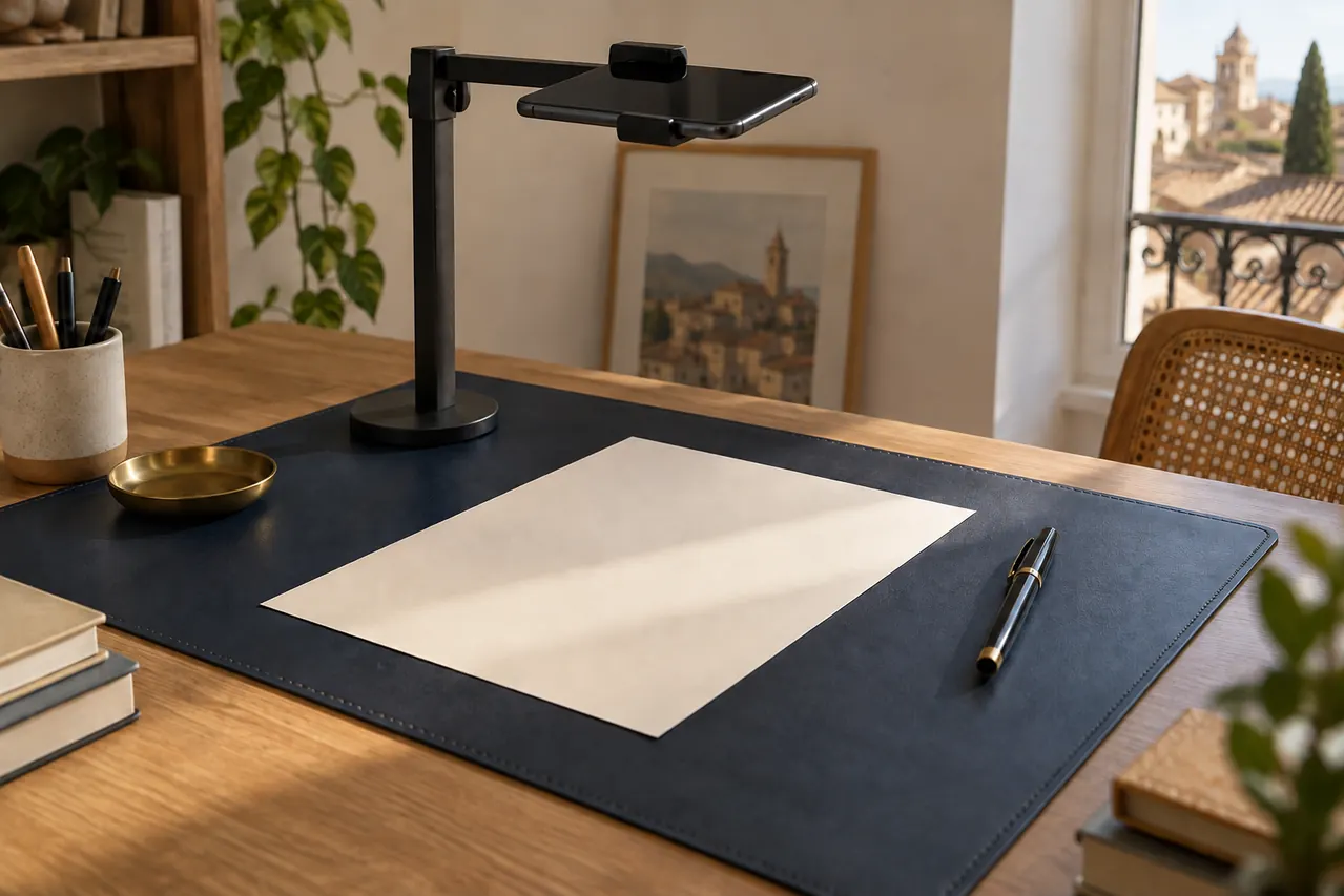 Phone on a stand above a document on a naturally lit desk