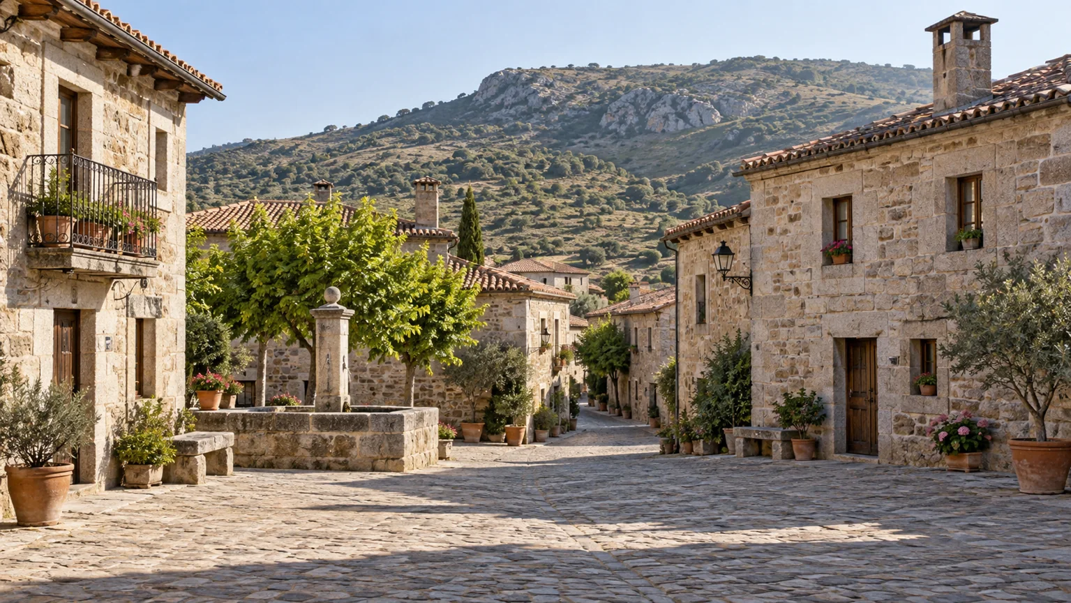 AI-generated illustration of a fictional village street with stone houses and hills beyond