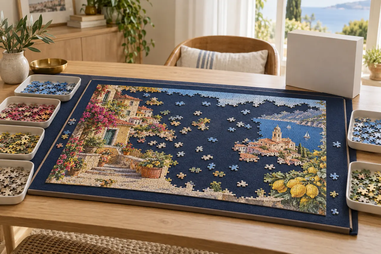 Partly assembled jigsaw on a board with loose pieces sorted into trays