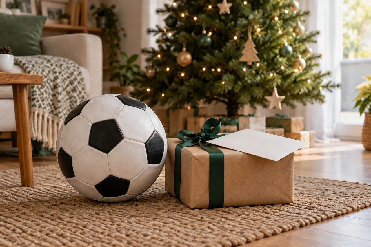 Association football beside a wrapped gift and a Christmas tree