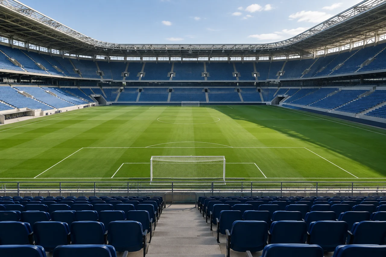 Illustration of an empty football stadium viewed from the stands