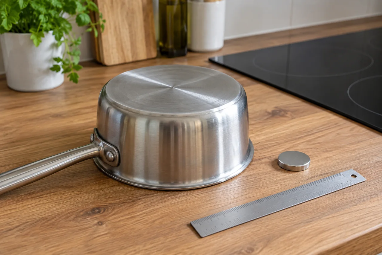 Base of a steel saucepan beside a magnet and a switched-off induction hob