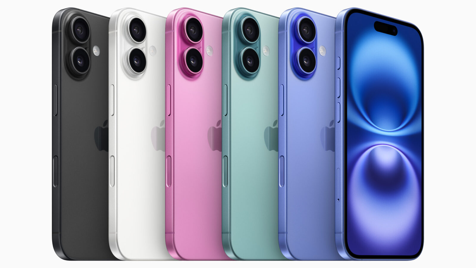 iPhone 16 in five colors, with one front view and five rear views; image by Apple.