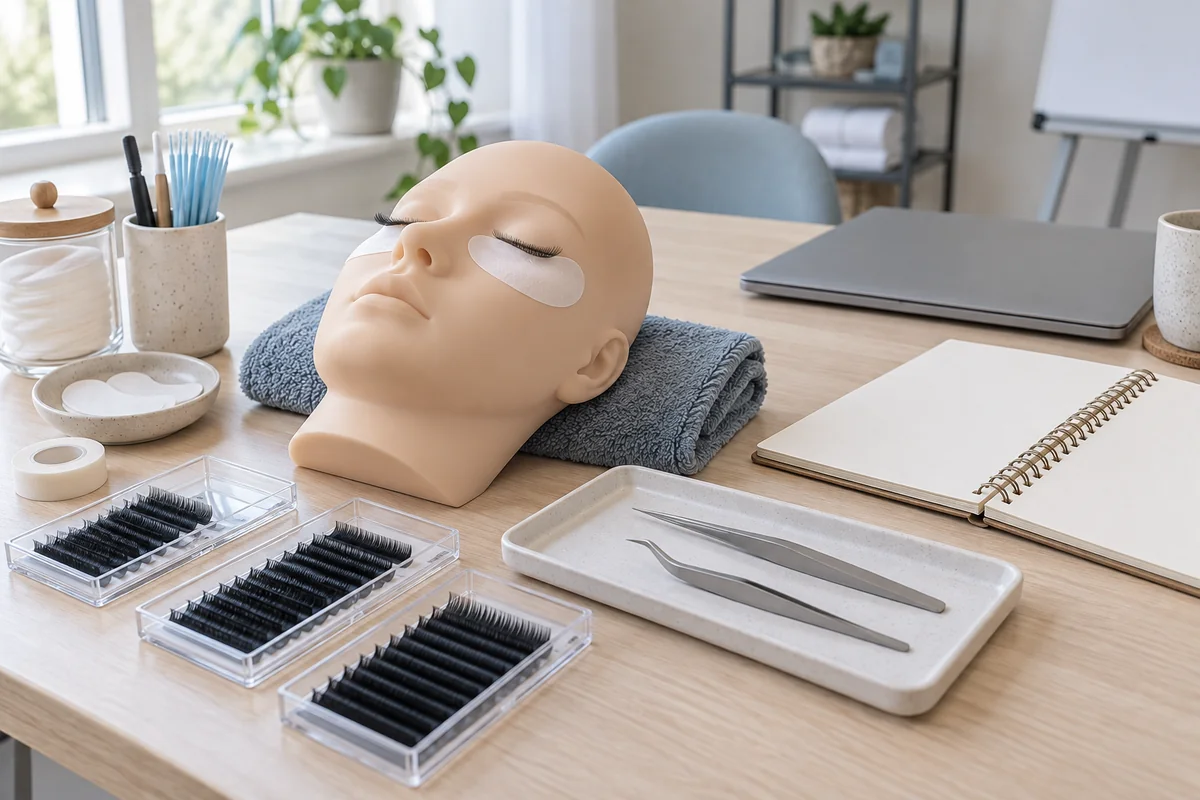 Practice mannequin and lash training materials – AI editorial illustration