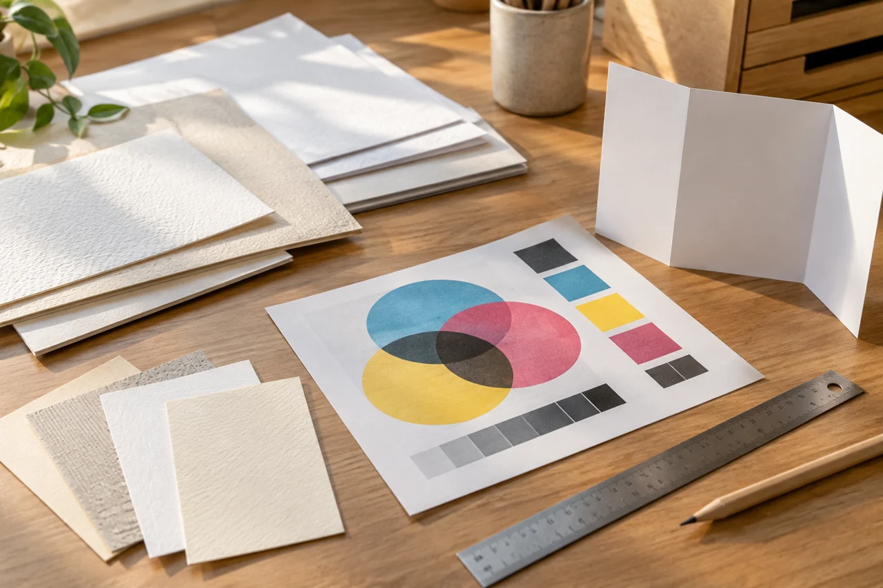Paper samples and a colour proof on a worktable