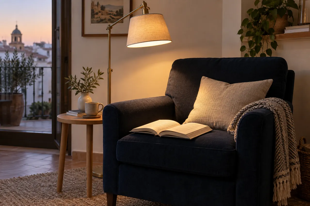 Adjustable lamp lighting an open book on a dark blue armchair