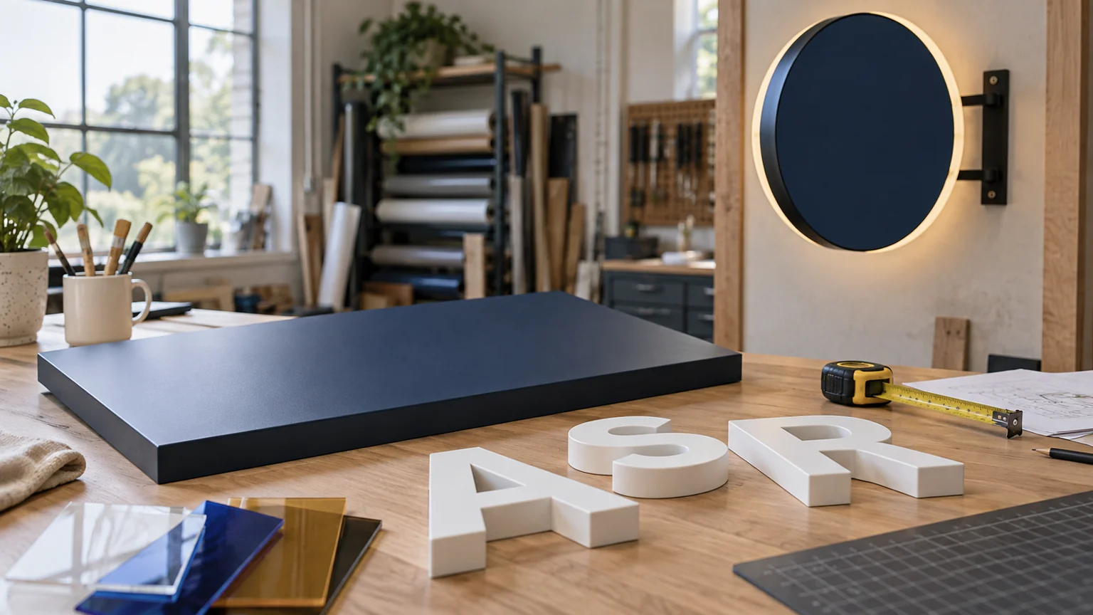 Ilustración generada con IA de rótulos sin marca y letras sobre una mesa de taller