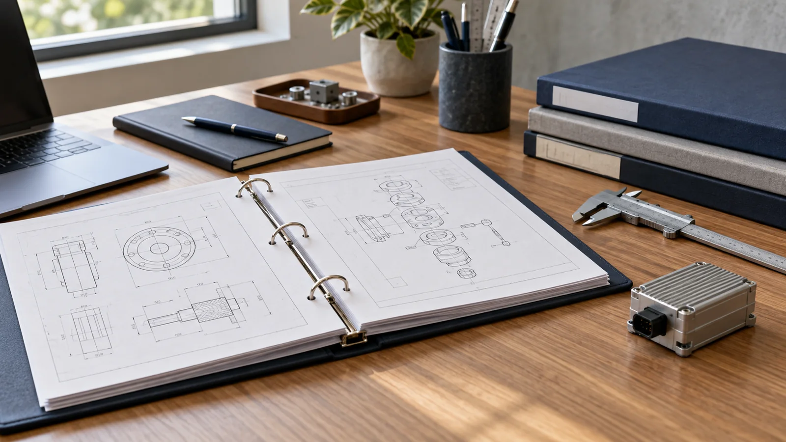 Documentos técnicos, calibre y componente electrónico sobre una mesa; ilustración generada con IA.