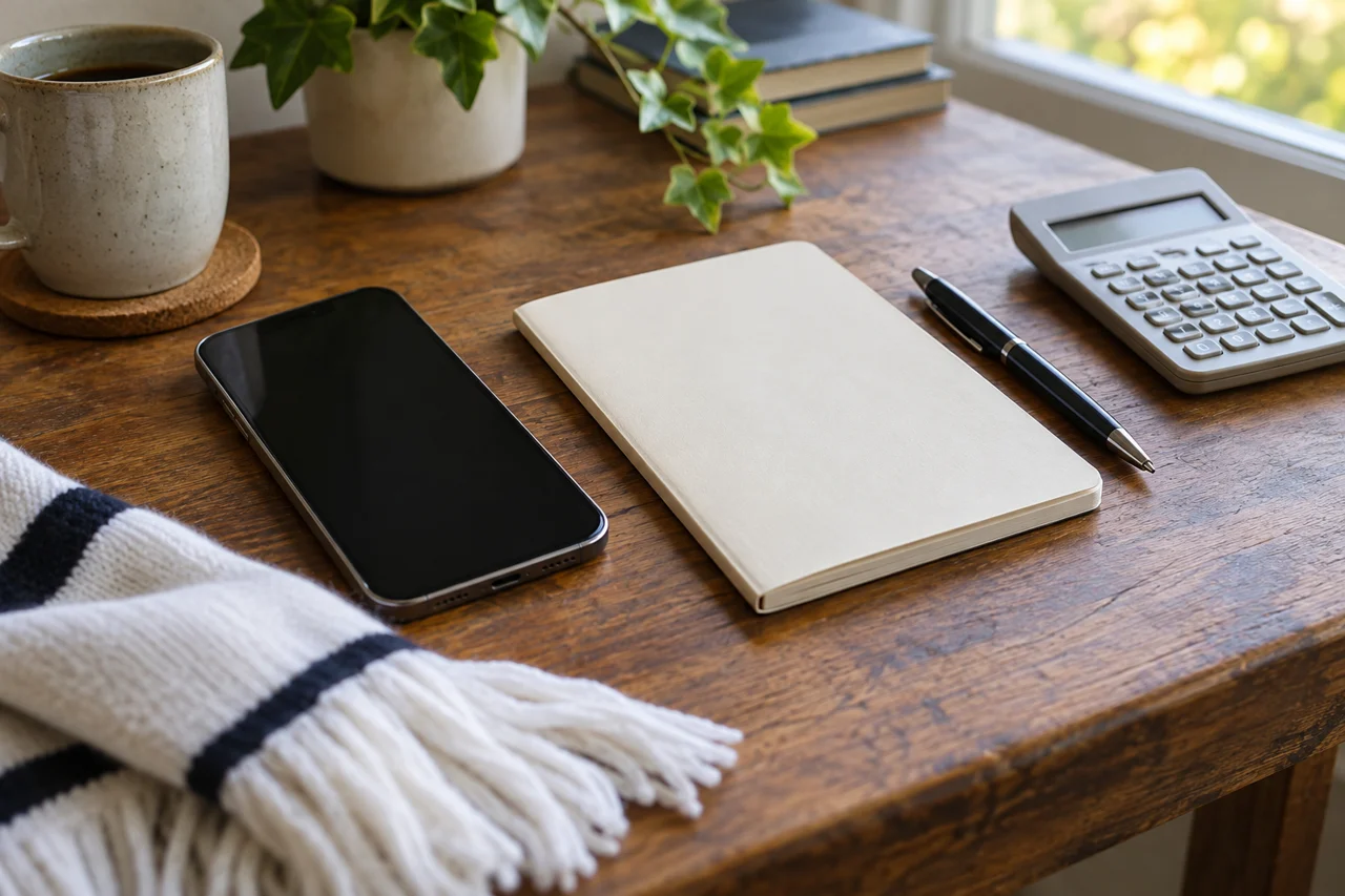 Phone, notebook and calculator on a table for planning a purchase