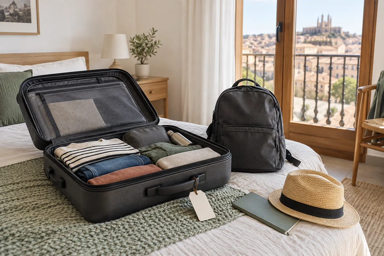 Compact open suitcase with folded clothes and a backpack in a bedroom