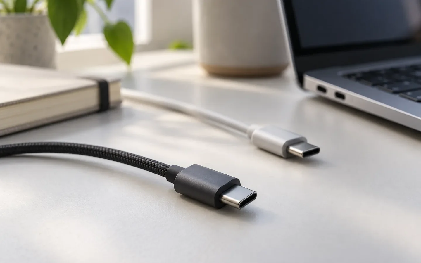 Dos cables USB-C sin marca sobre un escritorio