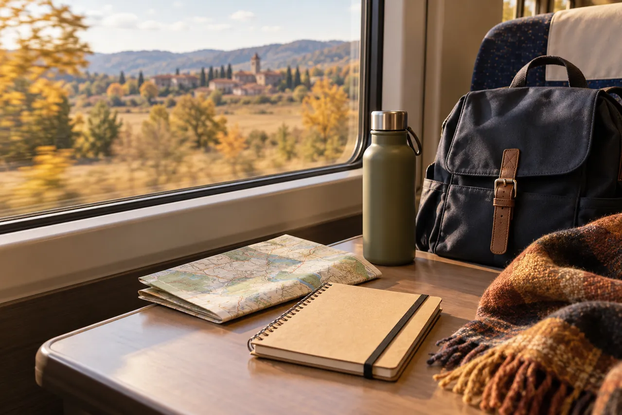 Mochila, botella, mapa y cuaderno junto a una ventanilla de tren; ilustración editorial generada con IA.