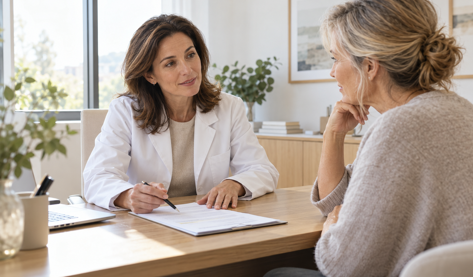 Una médica conversa con una mujer adulta durante una consulta previa a un tratamiento estético.