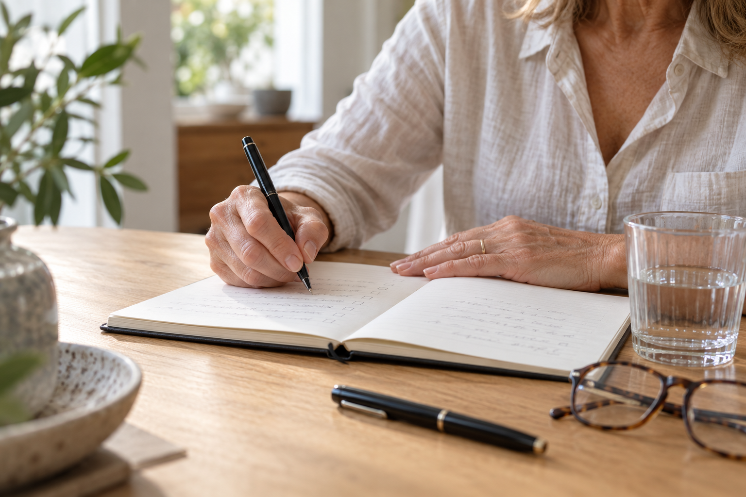 Manos de una mujer preparando preguntas en un cuaderno antes de una consulta médica.