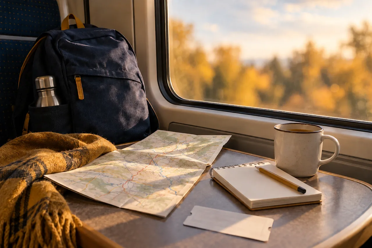 Mochila, mapa y cuaderno junto a una ventanilla; ilustración editorial generada con IA.
