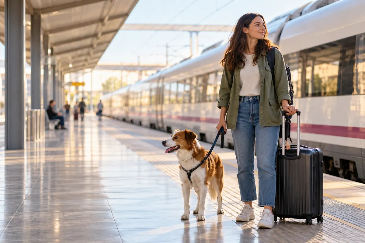 Ilustración de una viajera con su perro junto a un tren en una estación.