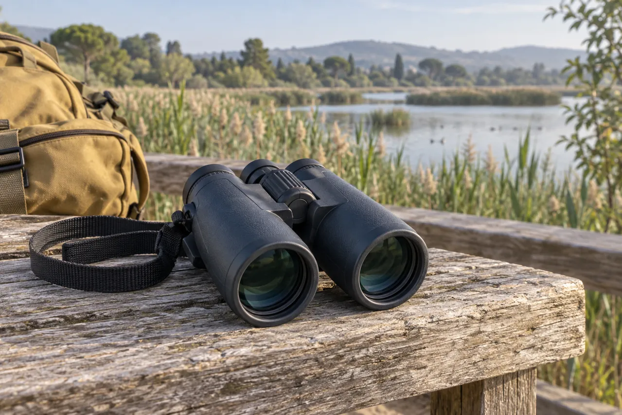 Binoculars and a daypack beside a fictional wetland; AI-generated editorial illustration.