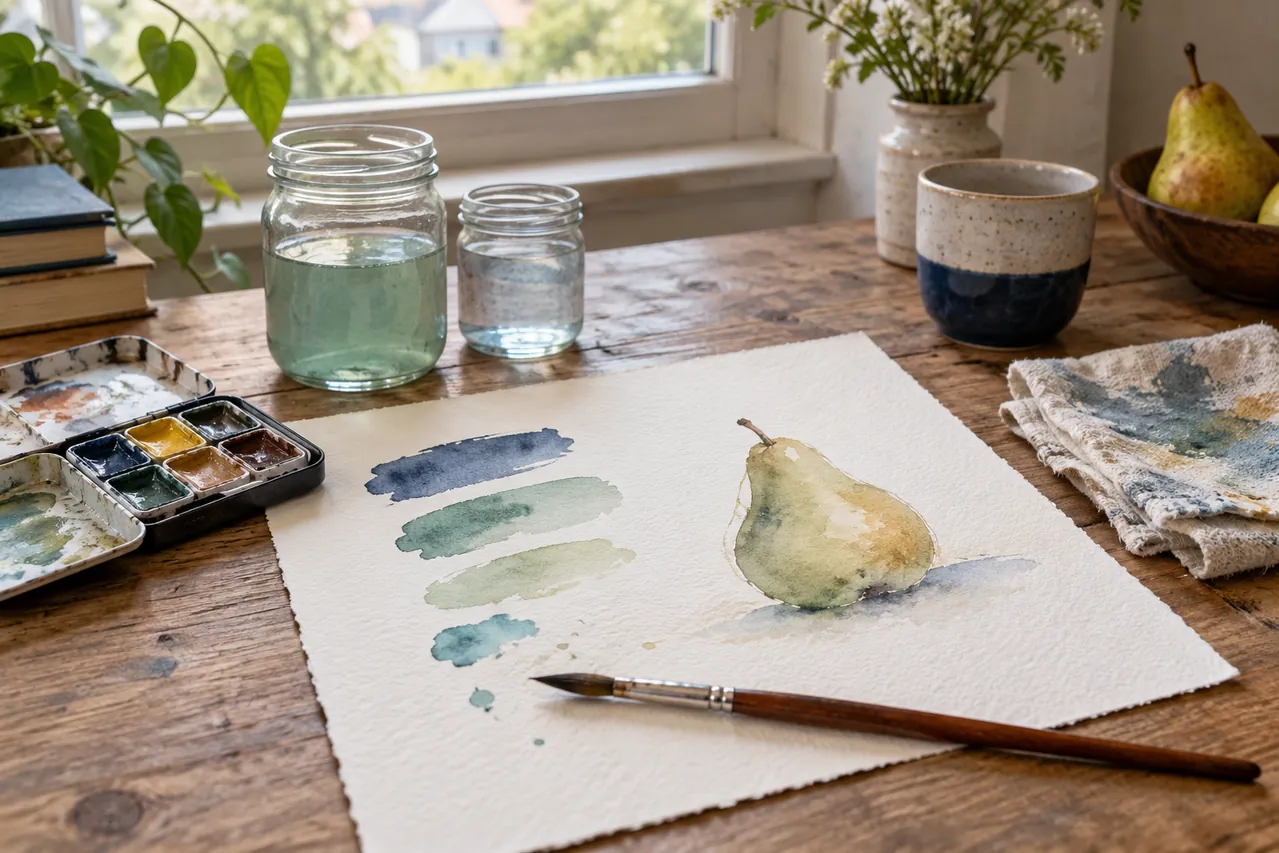 Papel de acuarela con muestras de color, una pera pintada y un pincel; ilustración generada con IA.