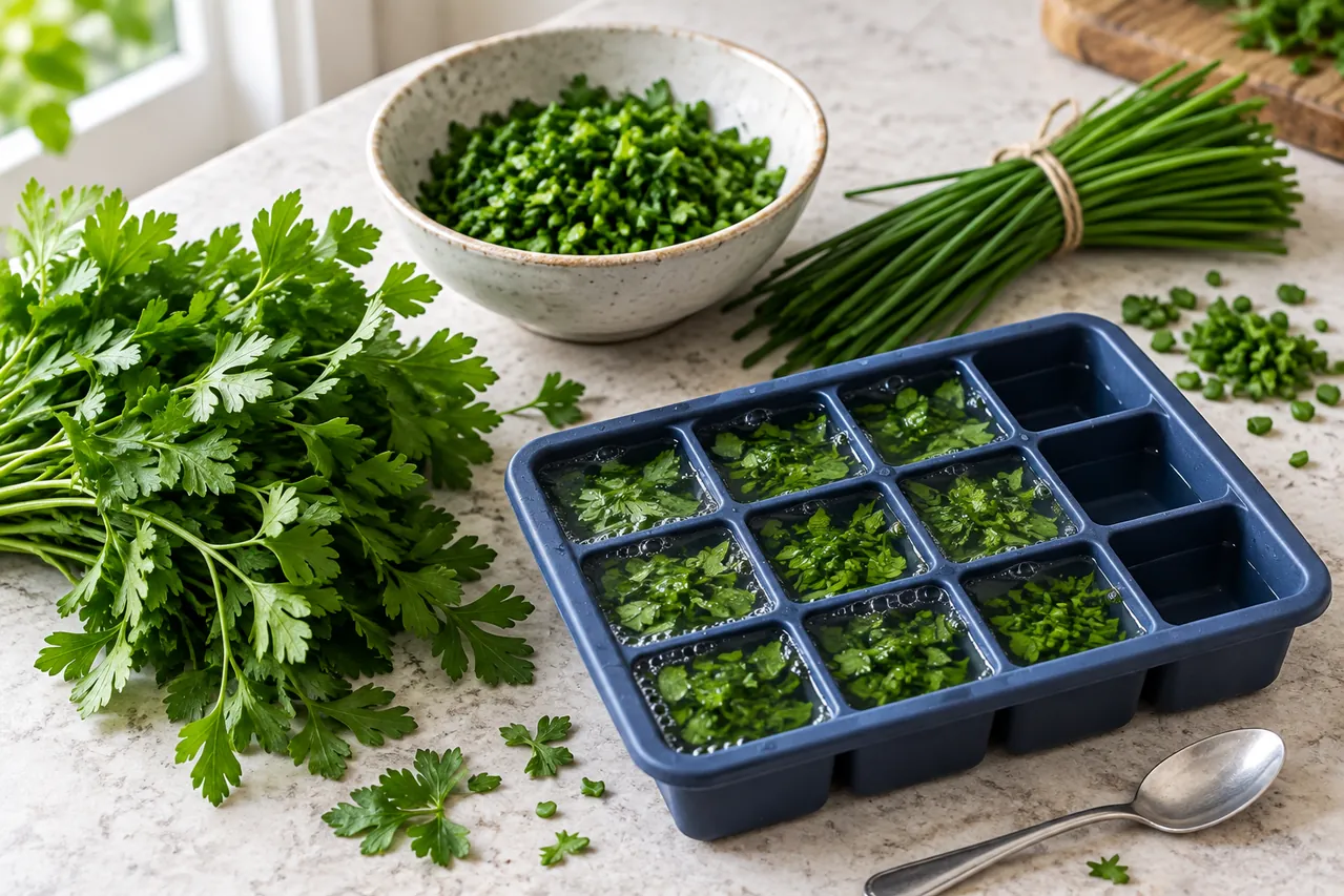 Parsley, chives and an ice tray with herbs and water; AI-generated illustration.