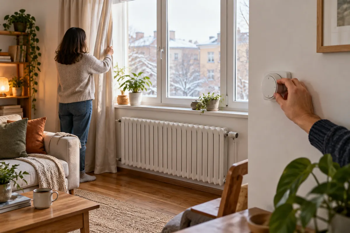 Ilustración de un hogar en invierno con una persona regulando el termostato y un radiador.