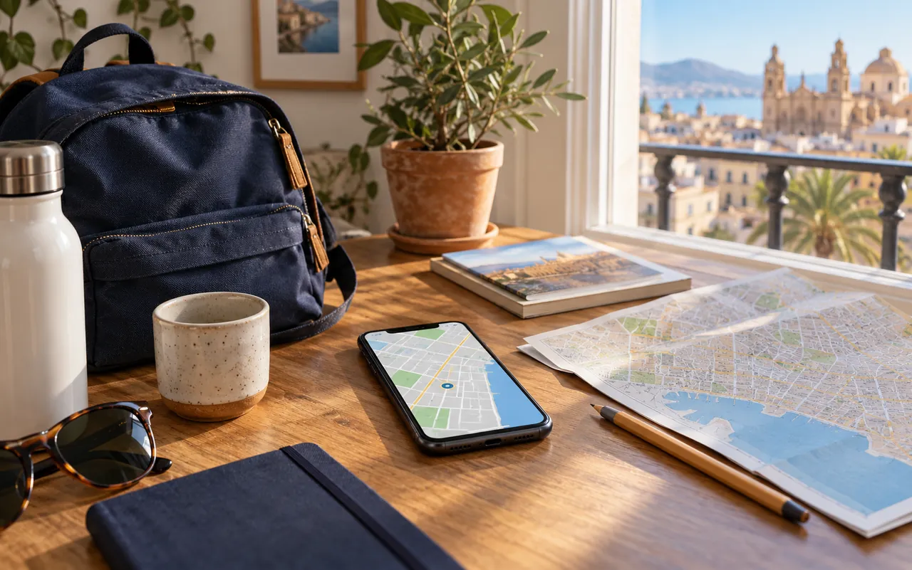 Phone and paper map prepared for a trip; AI-generated editorial illustration.