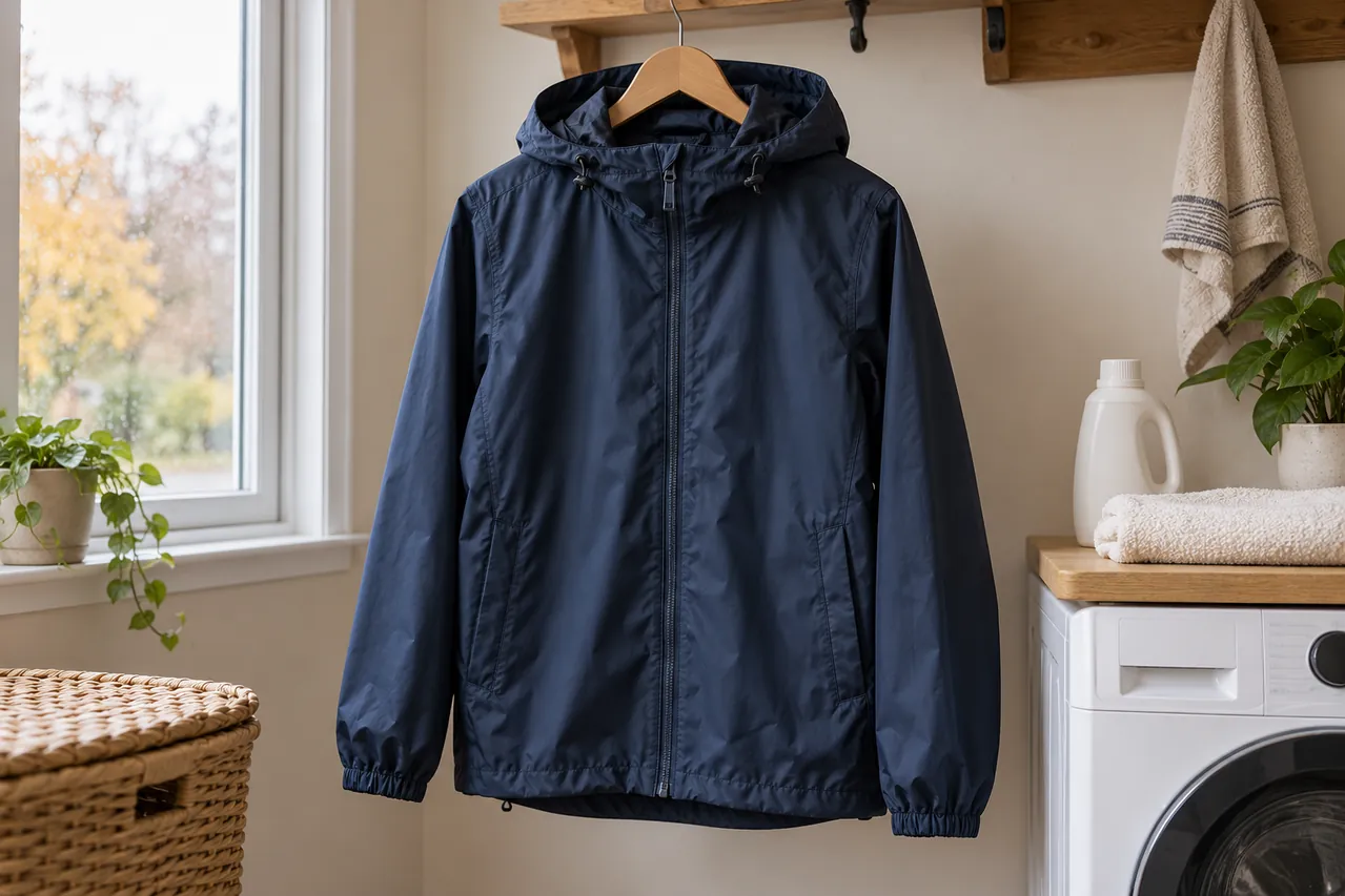 Navy rain jacket ready for cleaning; AI-generated editorial illustration.