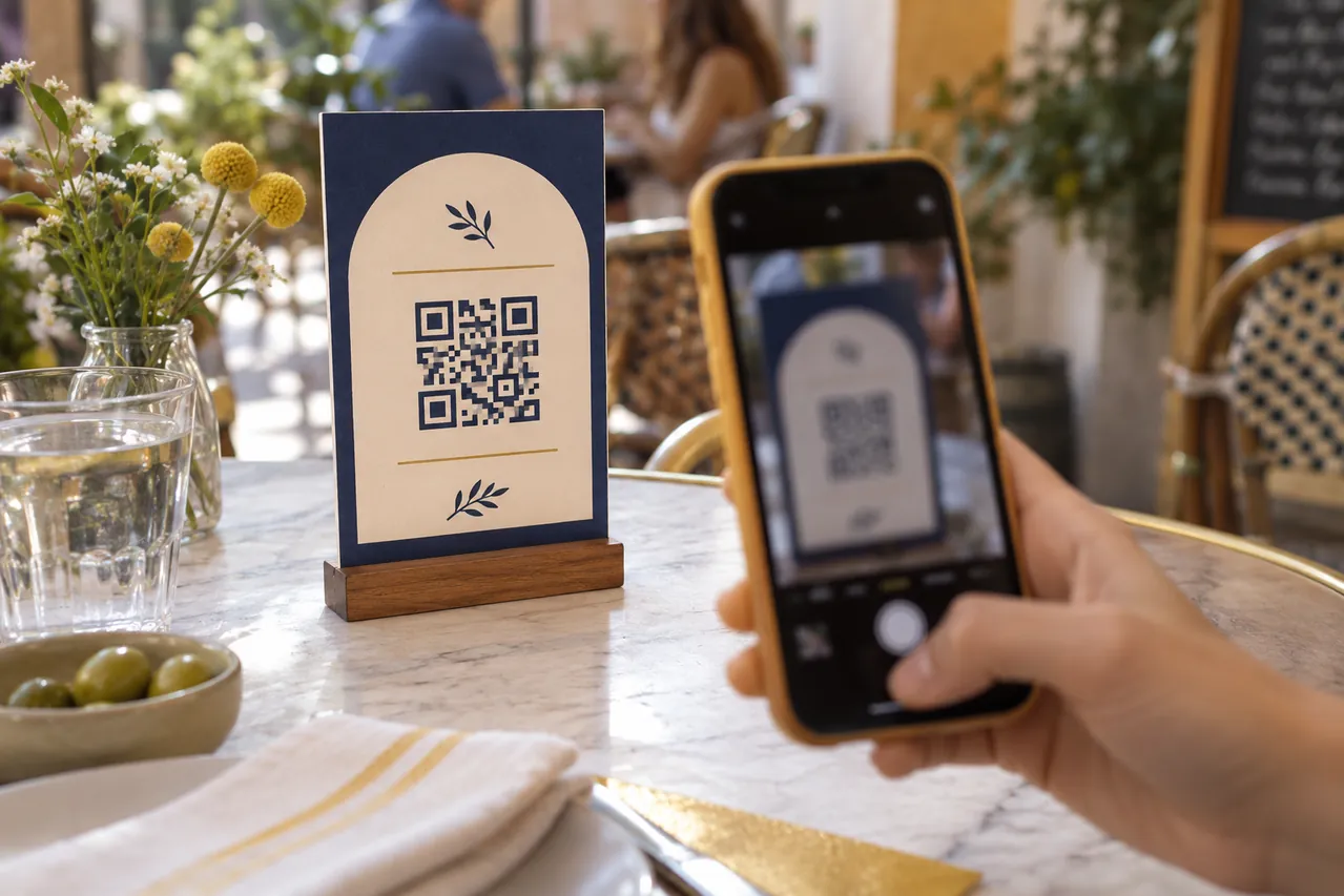 Phone beside a digital-menu stand on a table; AI-generated editorial illustration.