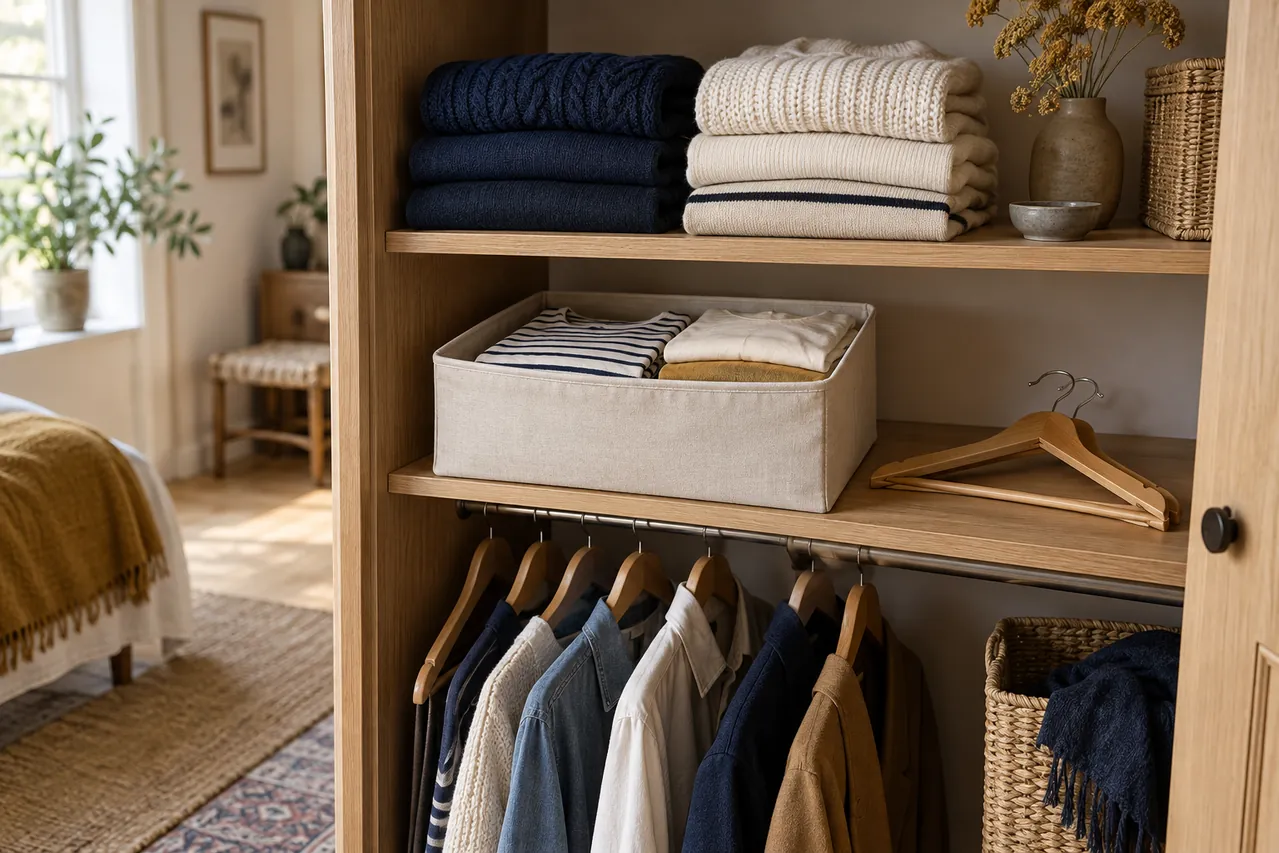 Folded knitwear and a clothing box in a wardrobe; AI-generated editorial illustration.