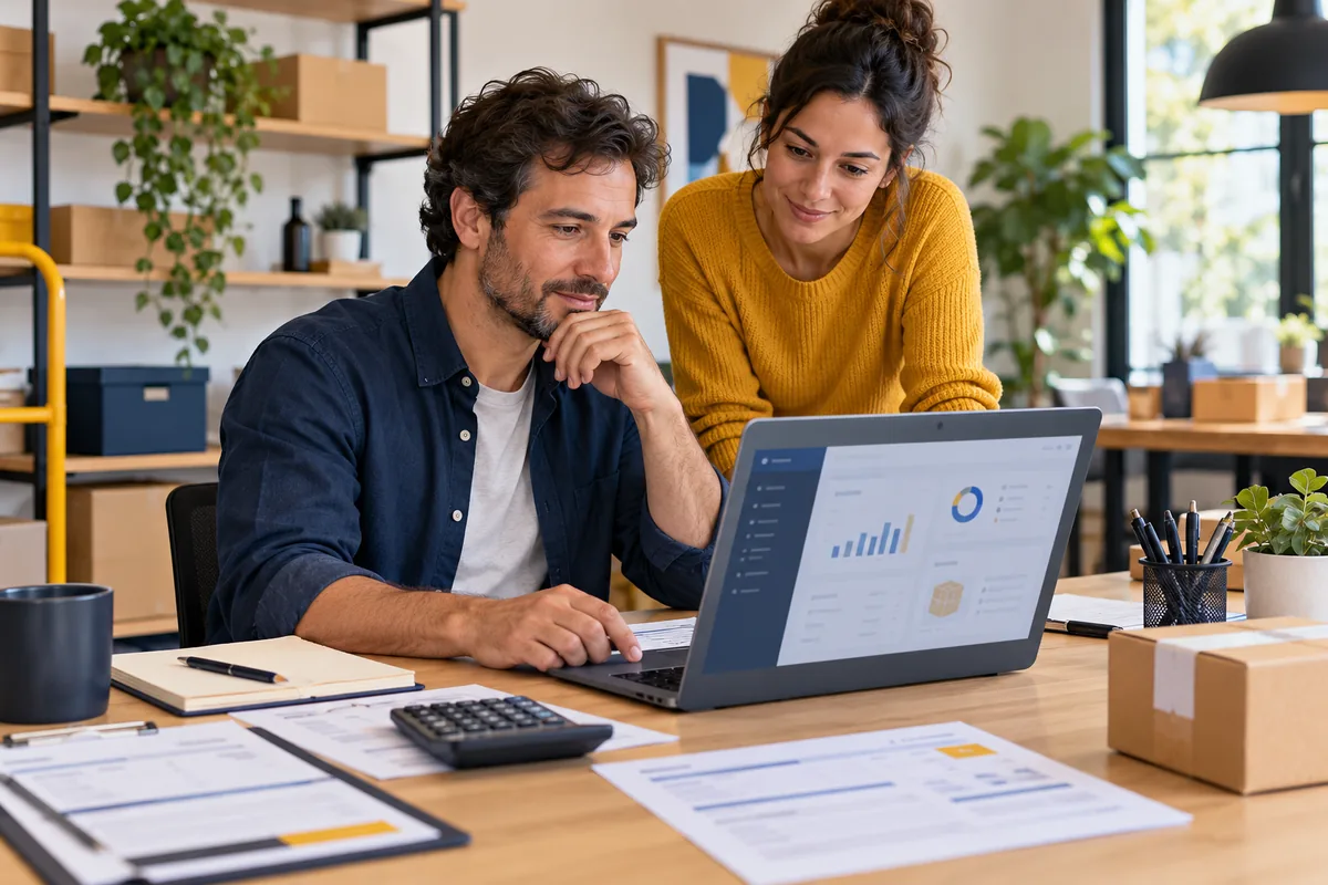 Ilustración de software de facturación y ERP para pymes: un equipo revisa facturas e inventario.